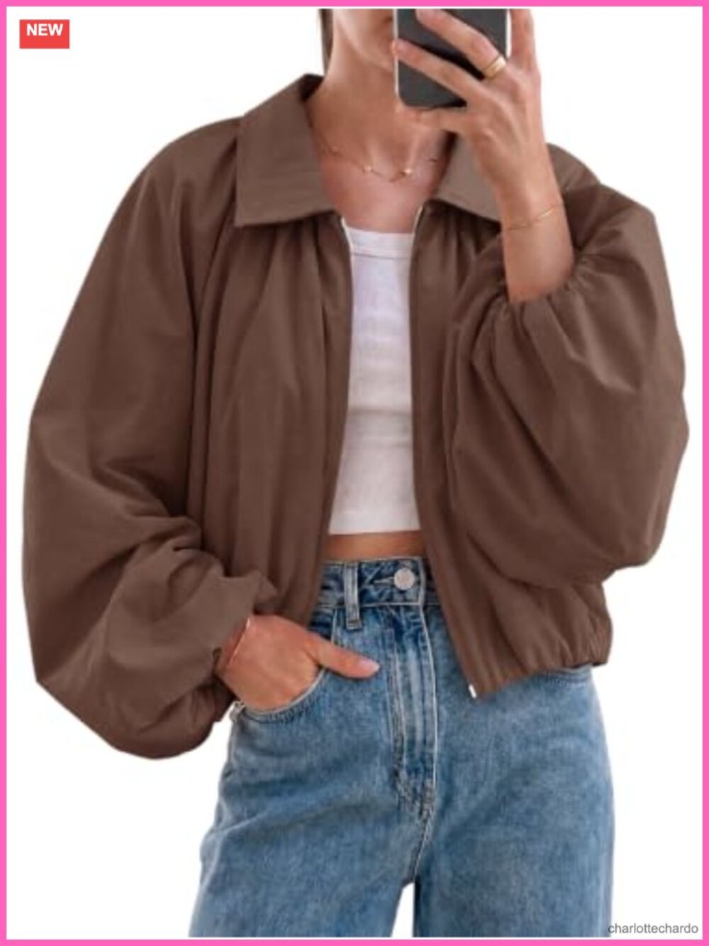 Womens Cropped Bomber Jacket Oversized Zip Up Balloon Sleeve Casual Fall